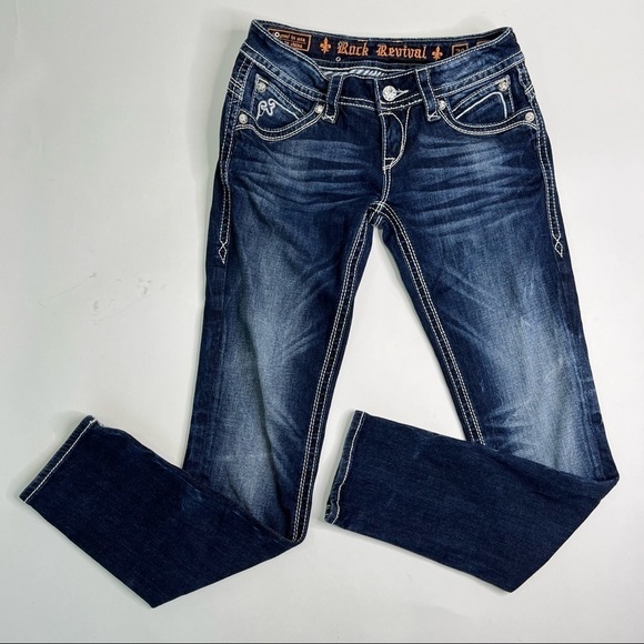 ROCK REVIVAL Heather Dark Blue White Washed Low-Rise Skinny Jeans Pants SIZE 29 - Picture 1 of 16